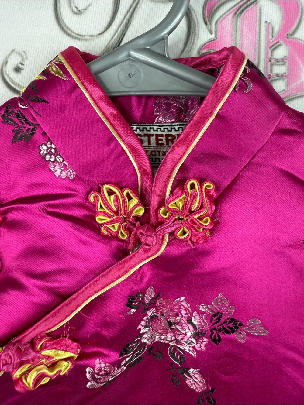 Eastern collection dress Girls' Hot Pink Satin Floral Cheongsam Mandarin Collar - Picture 8 of 10